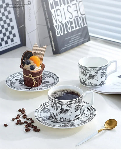 Vintage Elegant Ceramic Mug Floral bird pattern Coffee Cup and Saucer Afternoon Tea Cup Dessert Tray Exquisite Gift Water Cup.