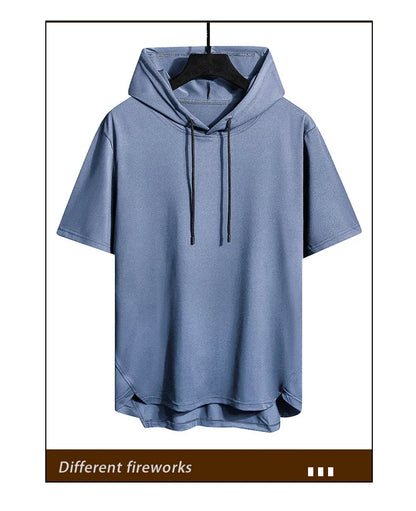 2025 Men's Summer Hoodies T-shirts Short Sleeve Solid Color Loose Hooded Drawstring Pullover Tops Basic Tees for Daily Wear Male