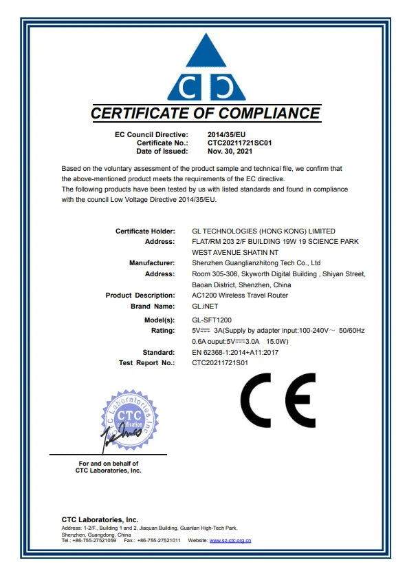 GL.iNet GL-SFT1200 (Opal) Secure Travel WiFi - AC1200 Dual Band Gigabit Ethernet Wireless Internet Router.