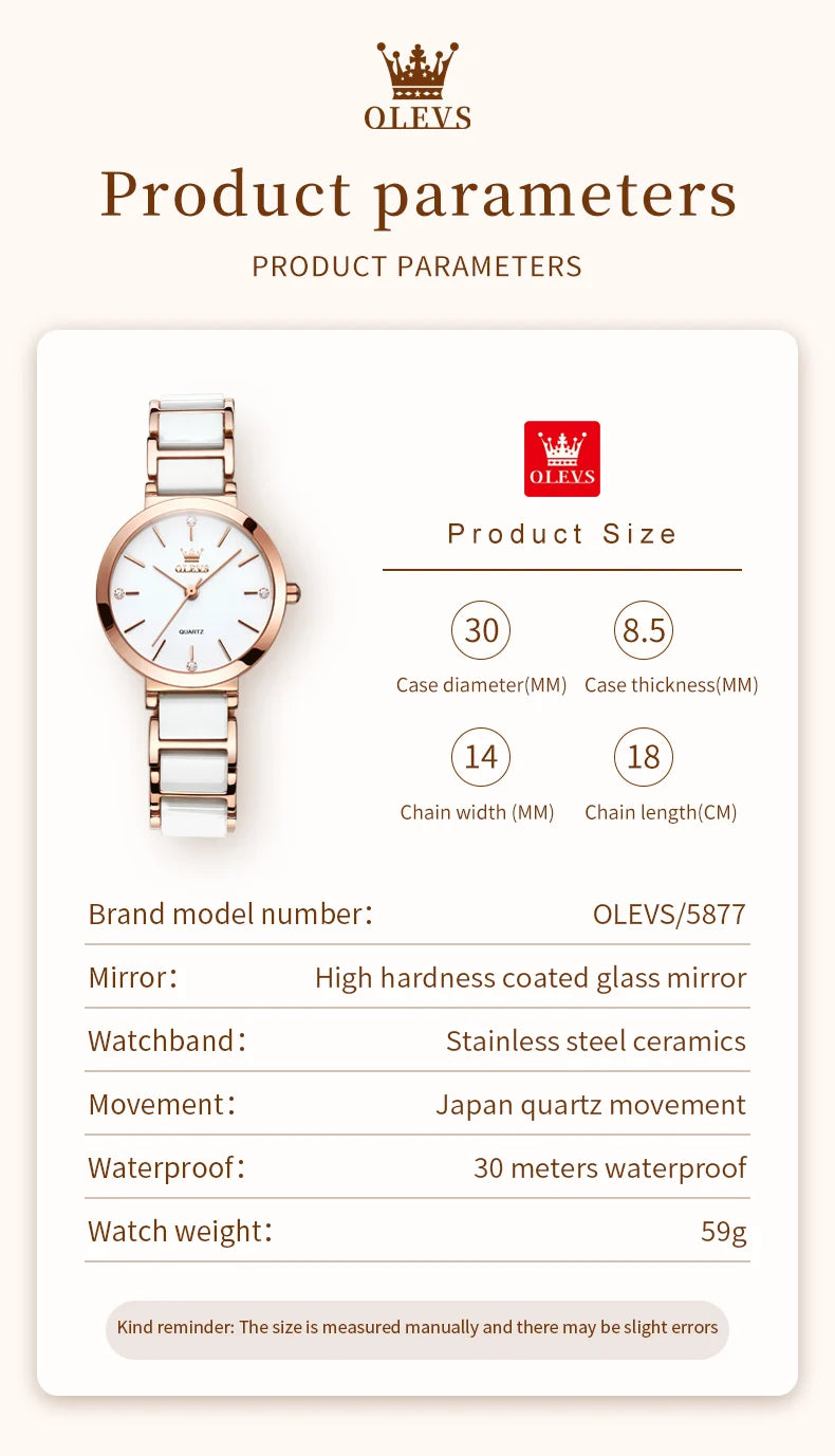 OLEVS 5877 Japan Quartz Movement Woman Watch Simple Elegant Luxury Rose Gold Ceramics Strap Waterproof Ladies Dress Wristwatch.