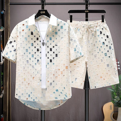 Men Summer 2 Pieces Set Tracksuit Men's Shirt Shorts Harajuku Streetwear Oversized Men Sets Short Outfits Suits.