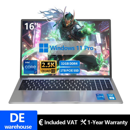 Laptop 16-inch 13th Gen Intel i7-13620H 32GB DDR4+1TB SSD 2.5K IPS 120Hz Face Unlock Notebook WiFi6 Gaming Computer.
