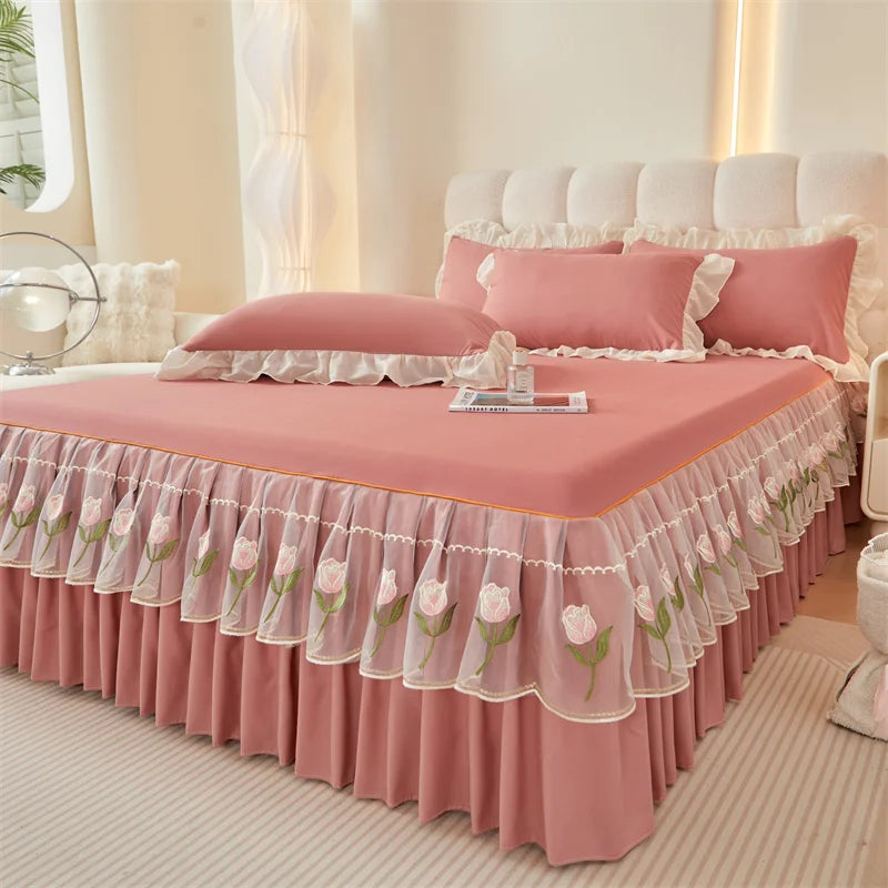 Floral Style Bed Skirt Embroidered Bed Cover Single/Queen/King Size Bed Linen Home Sheet with Skirt 침대스커트(Pillowcase Need Order).