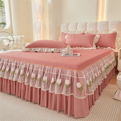 Floral Style Bed Skirt Embroidered Bed Cover Single/Queen/King Size Bed Linen Home Sheet with Skirt 침대스커트(Pillowcase Need Order).