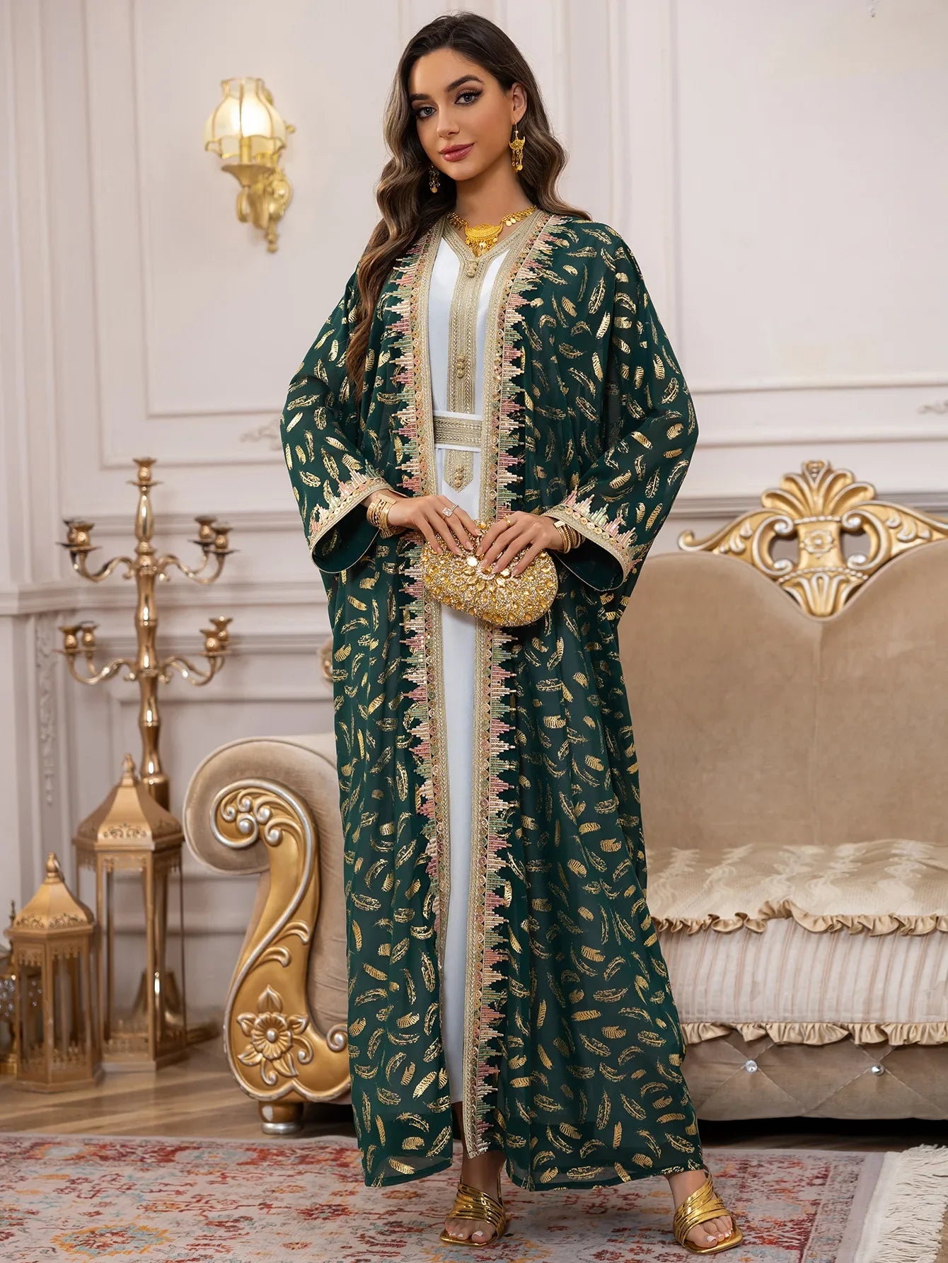 Muslim Abaya 3 Piece Set Women Party Dresses Cardigan Robe Sashes Suit Bronzing Jalabiya Ramadan Morocco Dubai Kaftan Vestidos.