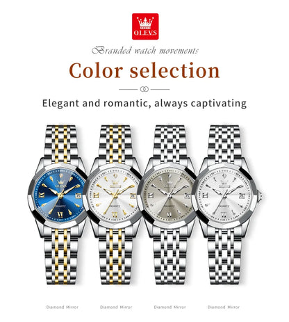 OLEVS Elegant Fashion Ladies Watches 9998 Original Quartz Women's Watches Waterproof Stainless Steel Luminous Date Wristwatch.