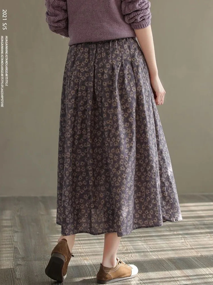 Women Casual Skirts New Arrival 2023 Autumn Vintage Style Floral Print Loose Comfortable Ladies Elegant A-line Long Skirt D536.