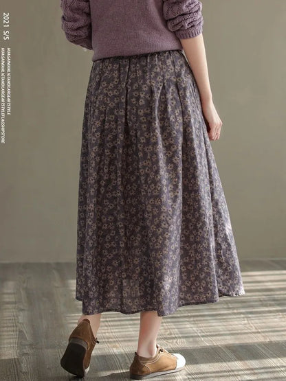 Women Casual Skirts New Arrival 2023 Autumn Vintage Style Floral Print Loose Comfortable Ladies Elegant A-line Long Skirt D536.