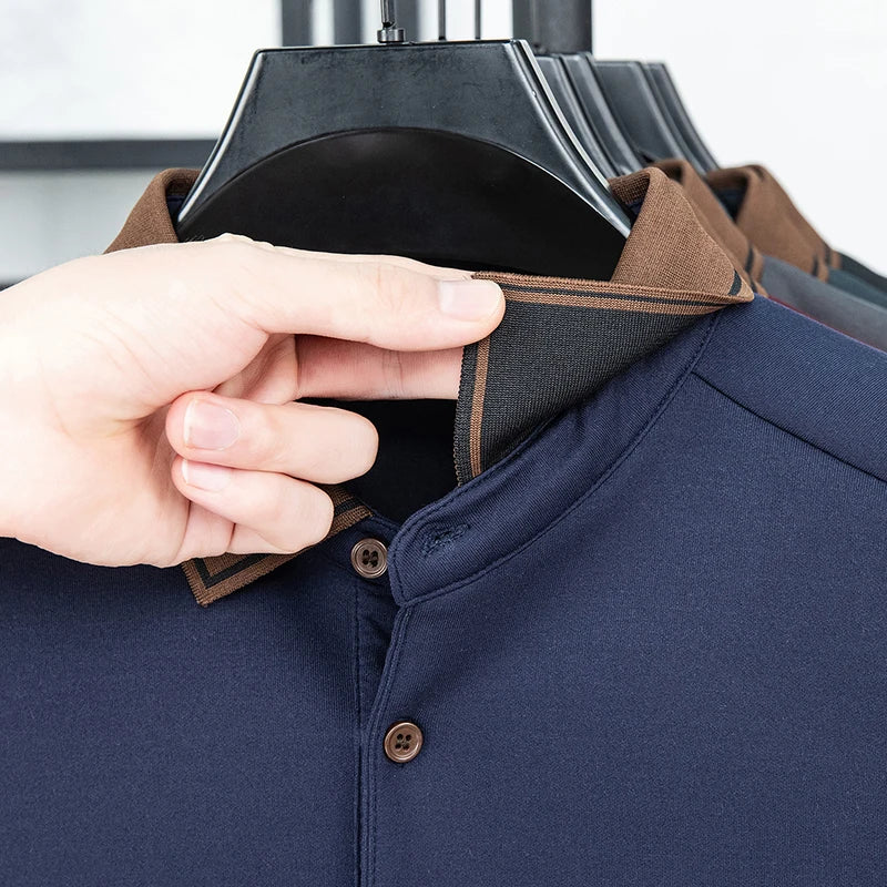 Men's Polo Shirt Long Sleeve Luxury Brand Autumn Winter Lapel Collar Button Business Casual Classic Office Warm T-shirt Menswear.