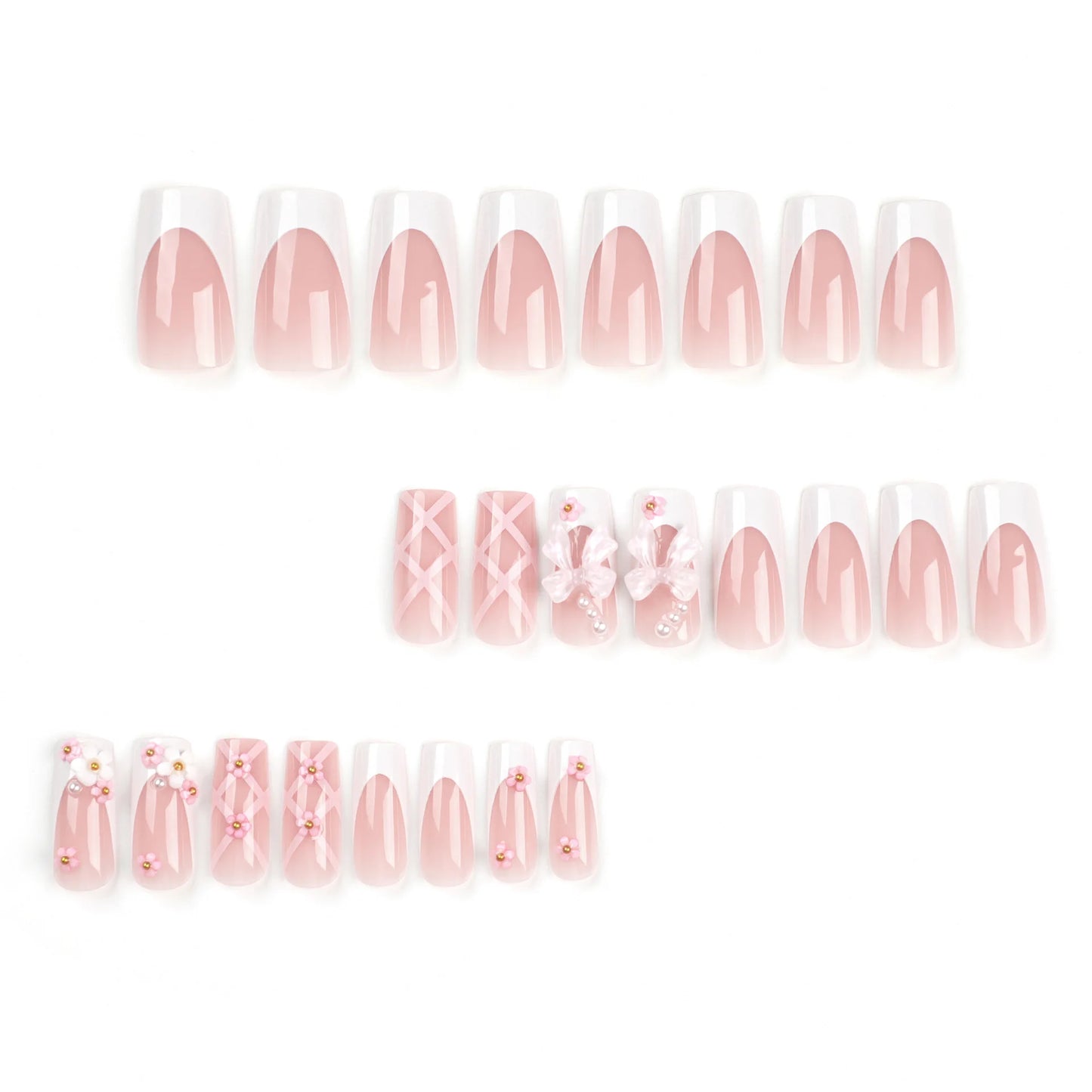 24Pcs Ballet Square Pink Press on Bow Nails 3D Flower with Bandage Design French Nail Tips for Women&Girls Daily,Spring wear.