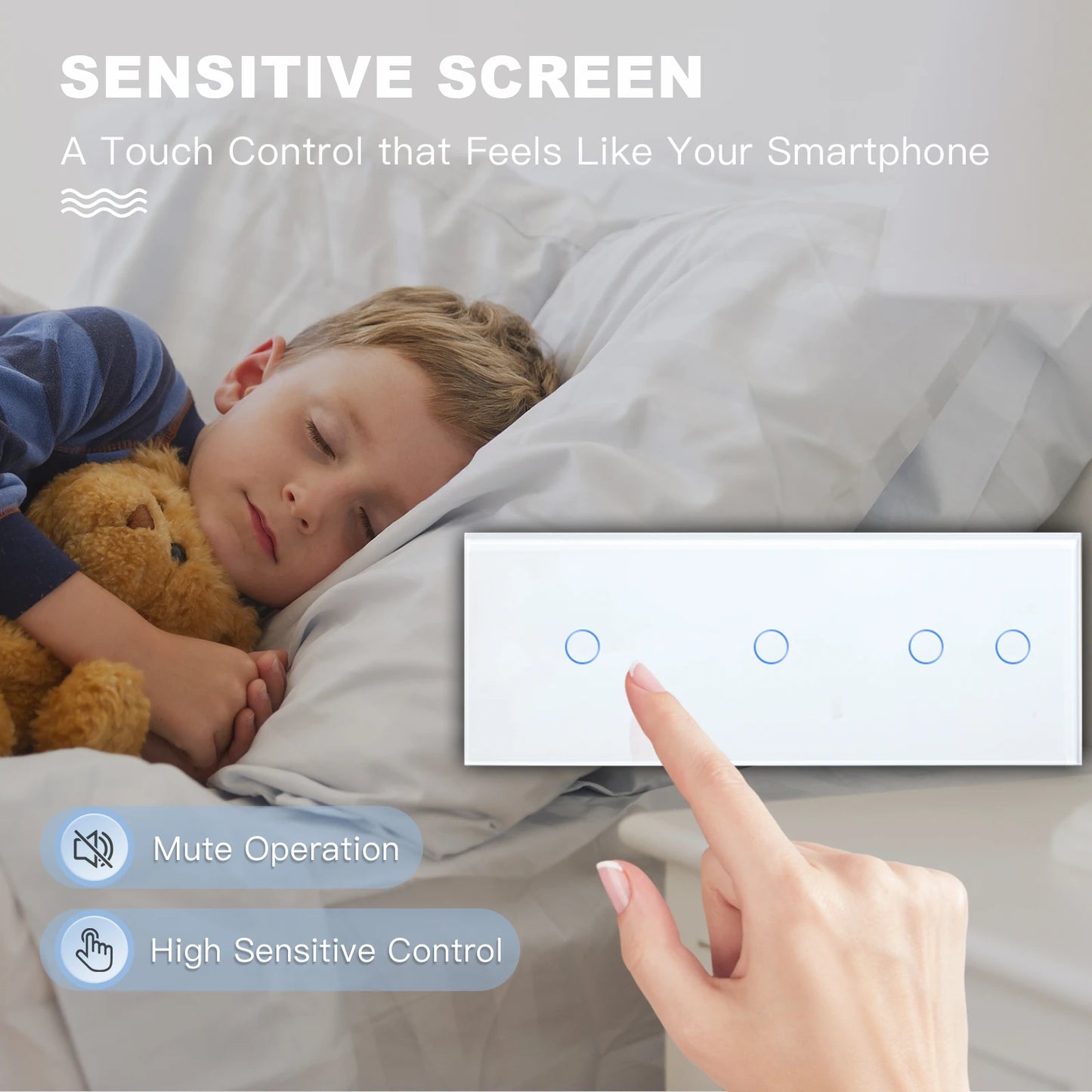 BSEED Touch-Schalter, 1/2/3 Gang, 1-Wege-Wandlichtschalter, blaue LED-Hintergrundbeleuchtung, Glas, Sensorbildschirm, Heimschalter, Weiß, EU-Standard.