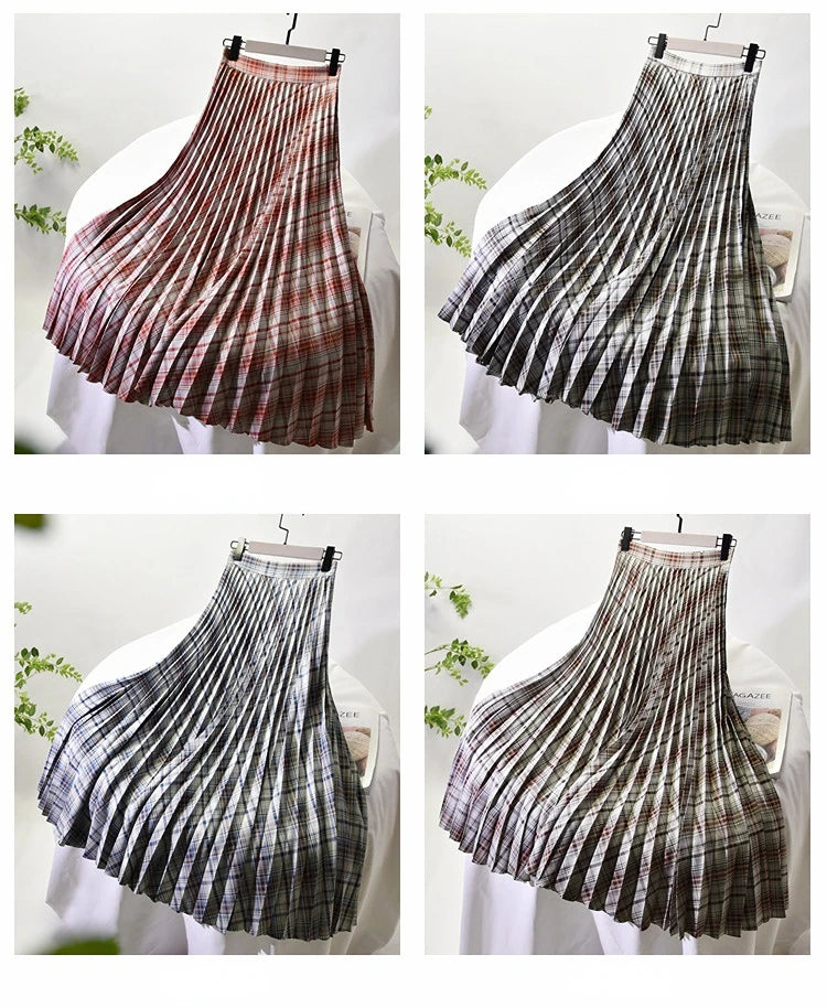 Looks Thin Pleated Skirt 2025 New High Waist A-line Skirt Mid-length Big Size Plaid Skirt Long Pleated Skirt Length 75-90cm