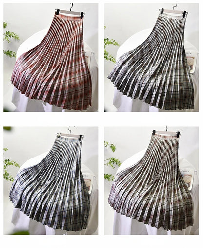 Looks Thin Pleated Skirt 2025 New High Waist A-line Skirt Mid-length Big Size Plaid Skirt Long Pleated Skirt Length 75-90cm