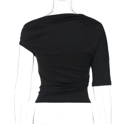 Cryptographic One Shoulder Asymmetrical Tops Summer Fashion Outfits Embellished Sexy Backless Solid Cropped Top Streetwear.