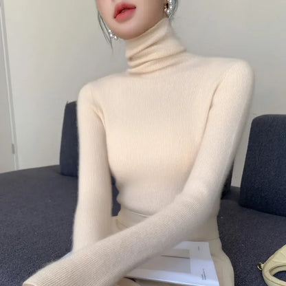 2025 herbst Winter Rollkragen Warme Jumper Lässig Feste Dünne Strickjacke Frauen Langarm Gestrickte Pullover Einfache Basis Schicht Top