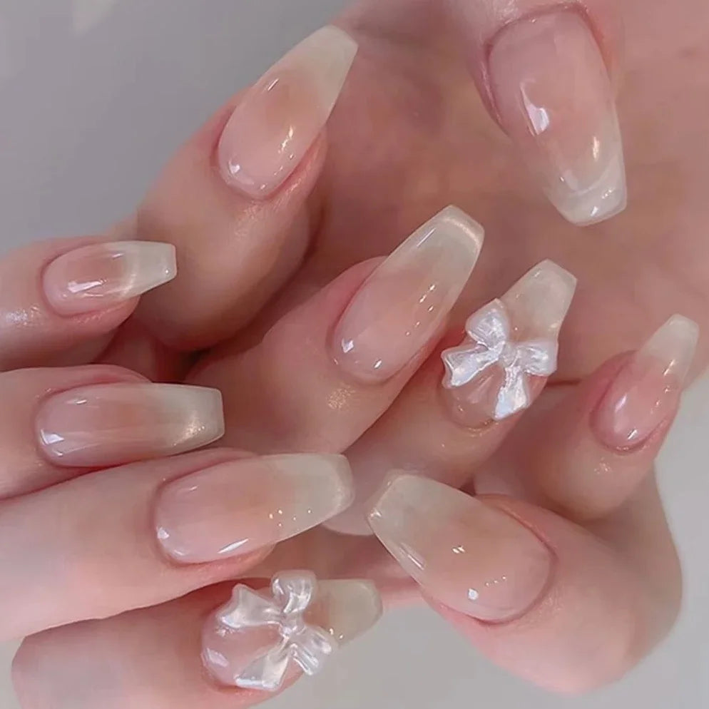 White Glitter Powder Bowknot Long Pointed Fake Nails Art Ballet False Nail Cow Print Pearl Rhinestone Pink Almond Press on Nails