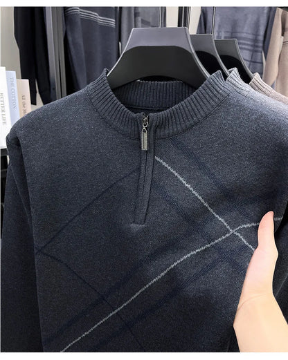 Men's New Thickened Turtleneck Knitwear Autumn Winter New Zipper Solid Color Sweater Middle Aged Warm Knit Top.