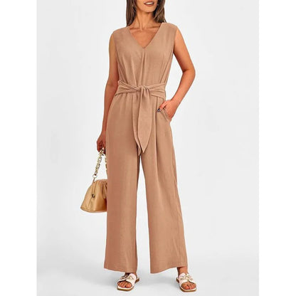 Summer High Waist Lace-up Jumpsuits Women 2025 New Sleeveless V-neck Side Pocket Solid Casual Jumpsuit Office Ladies Rompers