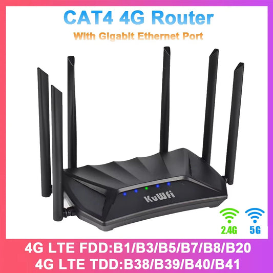 KUWFi CAT4 4G CPE Router 1200Mbps 2.4G 5GHz Dual Band WiFi Router LTE Modem with Gigabit RJ45 Port USIM Slot External Antennas.