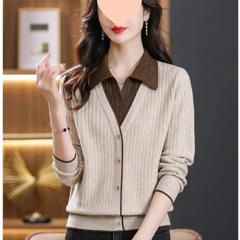 Gestrickte Frauen Top Lange Ärmeln Faux Zwei-Stück Pullover Frühling Herbst drehen-unten Kragen Modische Stilvolle Pullover Basis schicht Top.