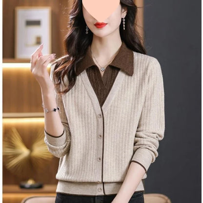 Gestrickte Frauen Top Lange Ärmeln Faux Zwei-Stück Pullover Frühling Herbst drehen-unten Kragen Modische Stilvolle Pullover Basis schicht Top.