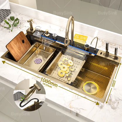 Golden Stainless Steel Kitchen Sink Waterfall Outlet Large Single Sink Digital Display Dishwashing and Vegetable Sinks