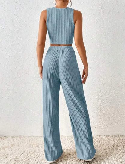 New Spring Solid Color Fashion Casual Knitted Cotton Waist Sleeveless Tank Top High Waist Pants Set For Women's Clothing.