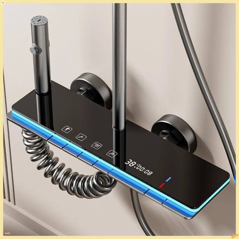 Graues Duschsystem mit Umgebungslicht, intelligentes digitales Duscharmatur-Set, Temperaturanzeige, Regen-Badezimmer-Duschset