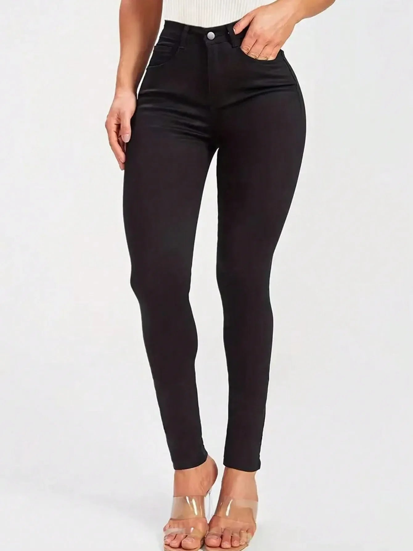 Casual Versatile Simple Solid Color Slim Fit Jeans High Waist Women's Denim Pants Fashionable Basic Style Imported from AE.