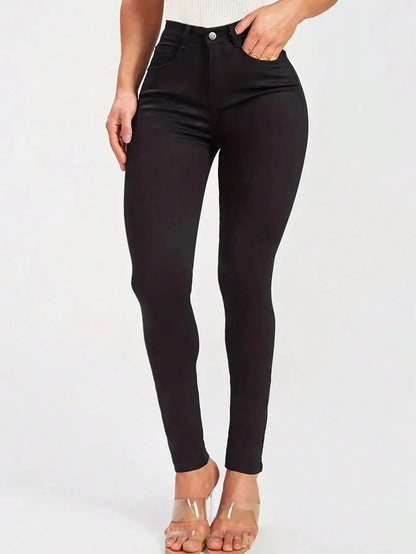 Casual Versatile Simple Solid Color Slim Fit Jeans High Waist Women's Denim Pants Fashionable Basic Style Imported from AE.