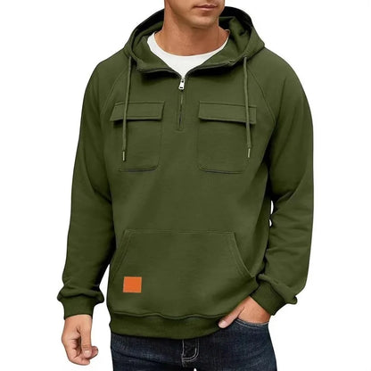 2025 New Autumn Winter Men's Hooded Solid-color Casual Hoodie Fashionable Young Man's Multi-Pocket Patch Hoodie Pullover Shirt.