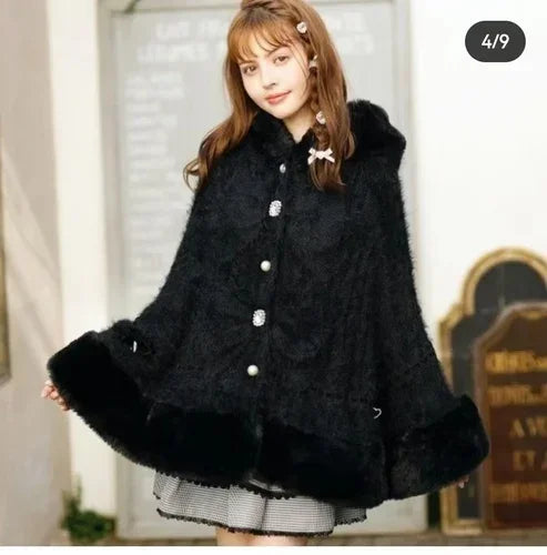 Japanische Liz Süße Prinzessin Faux Kaninchen Fell Cape Mantel Frauen Herbst Winter Pelz Jacke Lose Uhr Strass Bogen Mit Kapuze Mantel