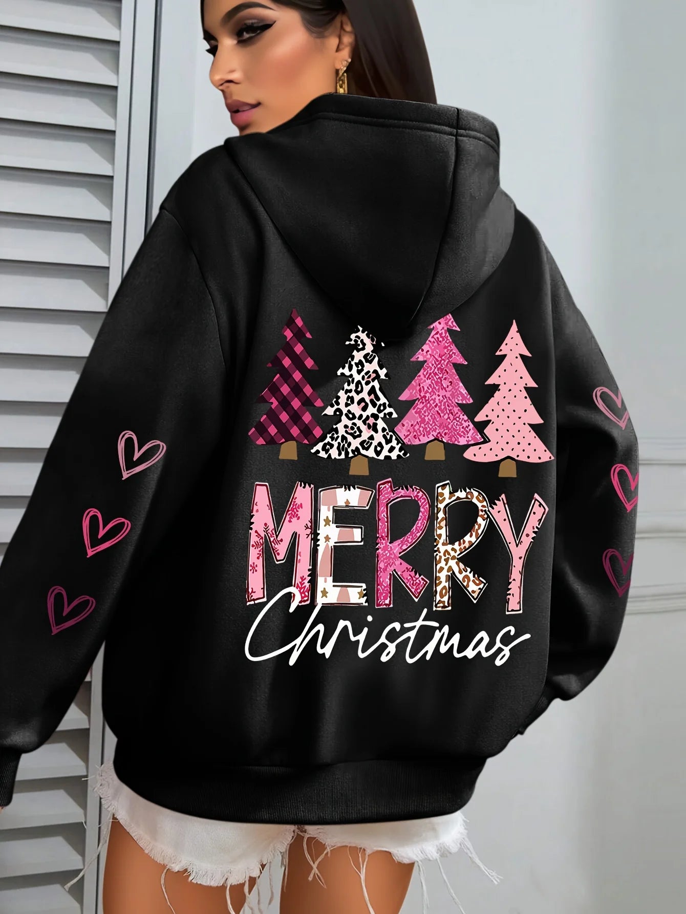 Merry Christmas And The Tree Printing Women Hooded Fashion Warm Comfortable Hooded Round Neck Casual Hoodies Fleece Soft Clothes.