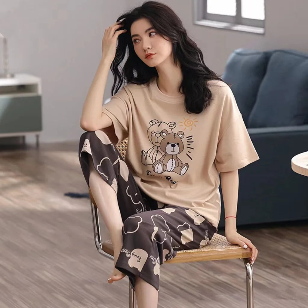 Sommer Neue Damen Pyjamas Homewear Set Kurzarm Pyjamas frauen Sommer Einfache Koreanische Cartoon Lose Große Größe Homewear.