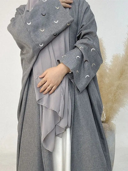 Moon Embroidery Open Abaya 2024 New Luxury Kimono Coat Hijab Muslim Sets for Women Islam Retro Modest Clothing for Party Kebaya