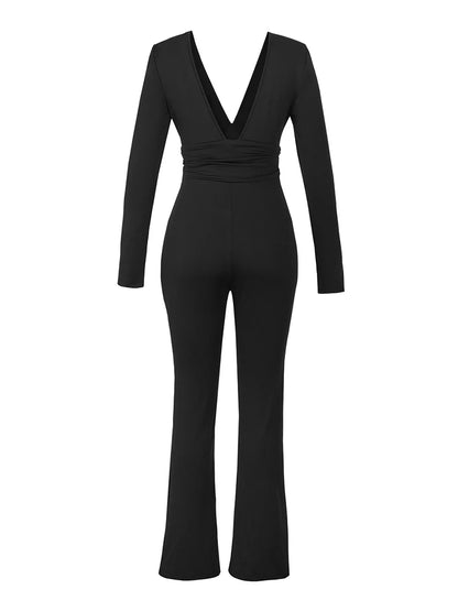 Schwarz Plissee Big Flare Overall Langarm V-ausschnitt Dünne Overall Hosen Frauen Sexy Schlanke Rückenfreie Langarm Hosen.