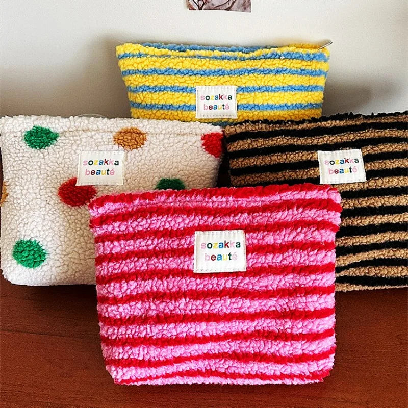 New Colorful Striped Dot Plush Clutch Cosmetic Bag Large Capacity Makeup Pouch Toiletries Bag Travel Outdoor Makeup Storage.