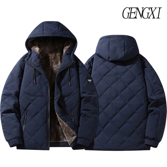 Winter Windproof Thermal Diamond-Pattern Fleece-Lined Thickened Cotton Coat Business Casual Hooded Jacket Fashionable Menswear.