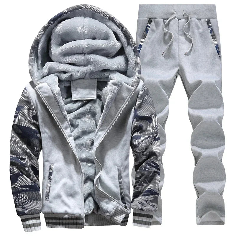 New Winter Fleece Thicken Men's Two-piece Zipper Sports Set Hooded Thermal Suit Casual Oversized Tracksuit 4XL 5XL Funny Suit.