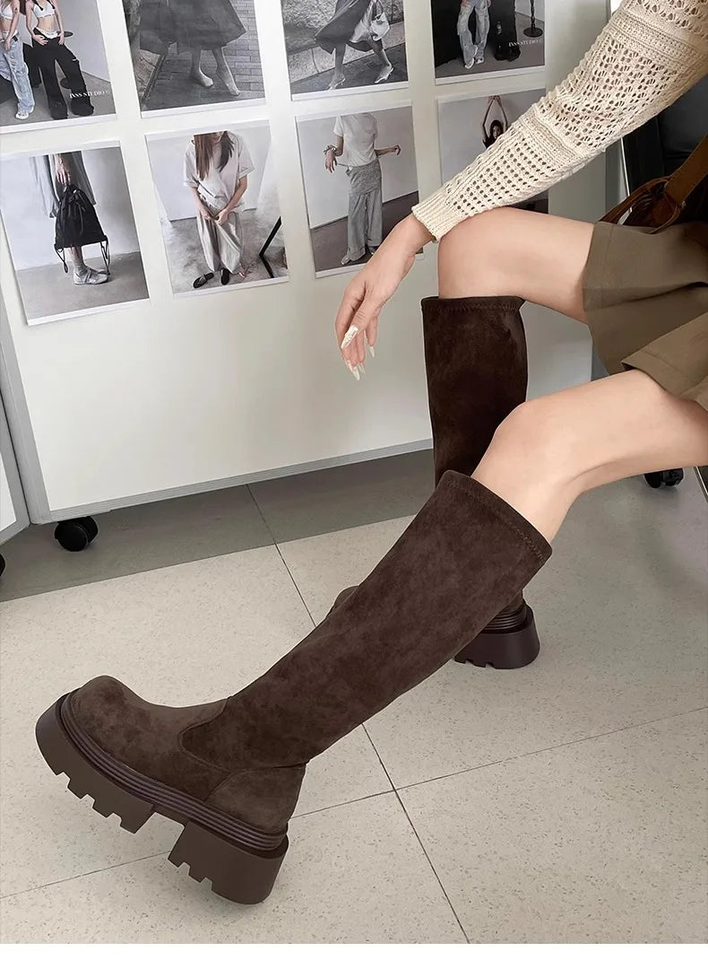 Winter Platform Punk Style Woman Knee High Boot Concise Slip On Elastic Slim Shoes Ladies Thick Bottom Knight Long Booties.