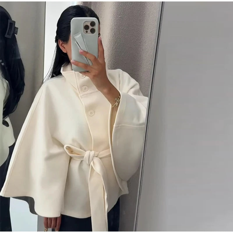 Straße Batwing Hülse Cape Gürtel Mäntel Frauen Lose Solide Stehkragen Einreiher Jacke 2025, Herbst Dame Alle-spiel chic Mantel