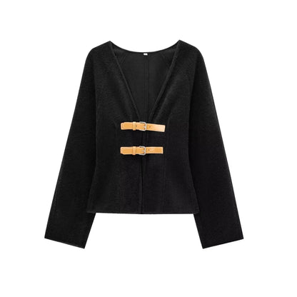 Women Fashion With Belt Woolen Jacket Coat V Neck Long Sleeve Female Outerwear Chic Tops.