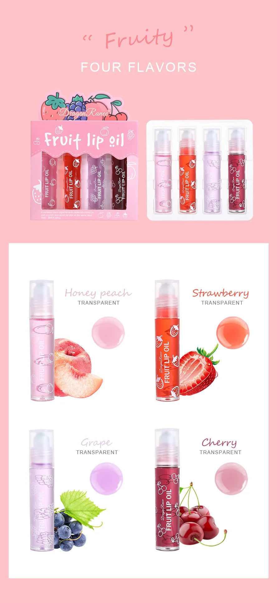 Set of Four Rolling Head Lip Oils Moisturizing Hydrating Roller Ball Lip Care Anti-Drying Transparent Lip Blam for Lip Health.