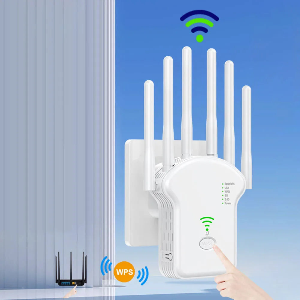 1200Mbps 5GHz Wireless WiFi Repeater WiFi Signal Booster Dual-Band 2.4G 5G WiFi Extender 6 Antenna Network Amplifier WPS Router.