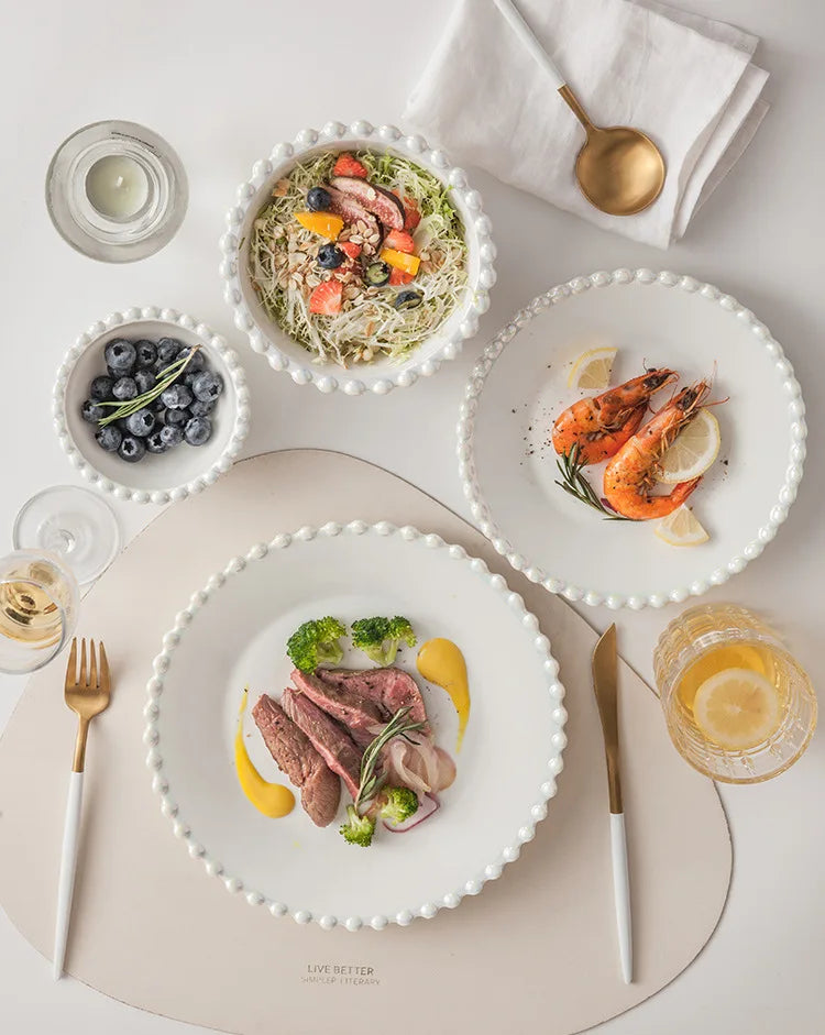 Ceramic Tableware Set Nordic Creative Pearls Beaded Edge Western Food Snack Plate Rice Bowl Soup Bowl Steak Plate Set Kitchen.