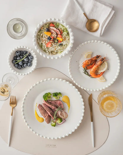 Ceramic Tableware Set Nordic Creative Pearls Beaded Edge Western Food Snack Plate Rice Bowl Soup Bowl Steak Plate Set Kitchen.