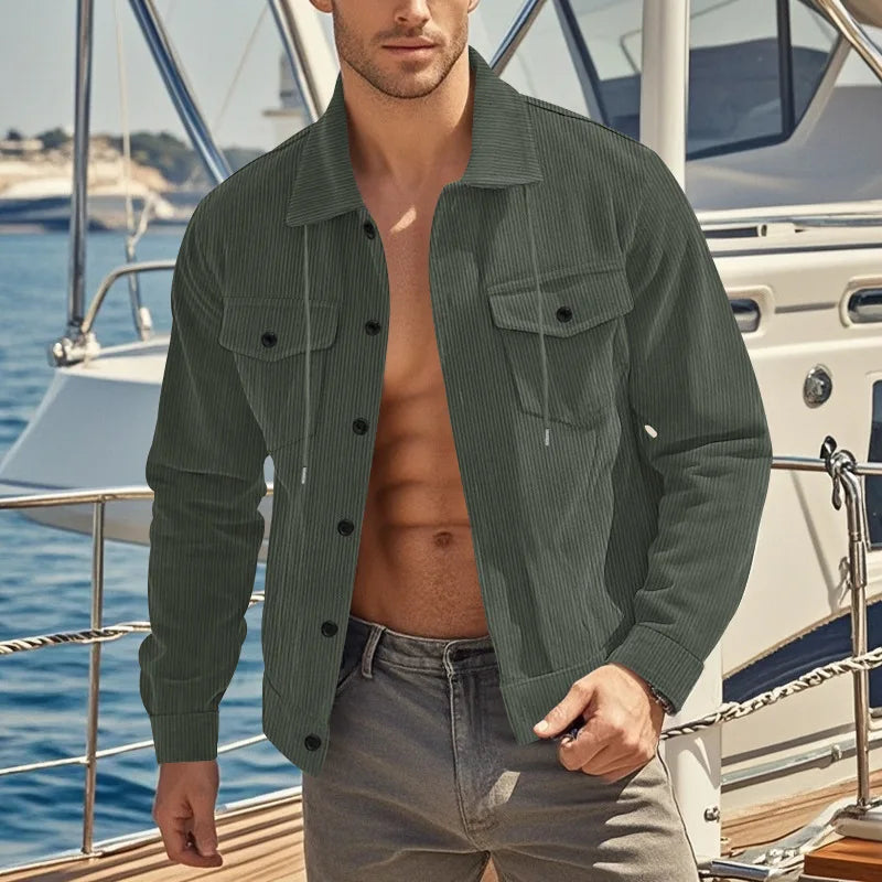 Men's Corduroy Jacket Stand-up Collar Slim Fit Retro Multi-pocket Workwear Commuter Coat for Spring And Autumn