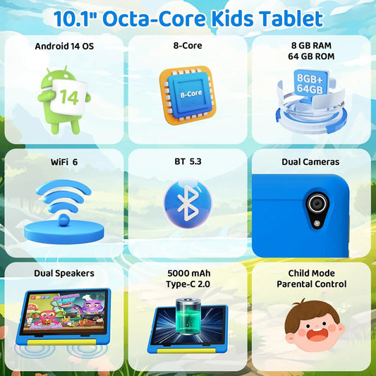 URAO 10 Inch Cartoon Pattern Kids Tablet Android Octa-Core 8GB RAM 64GB ROM Learning Education Games Tablets Children's Gifts.