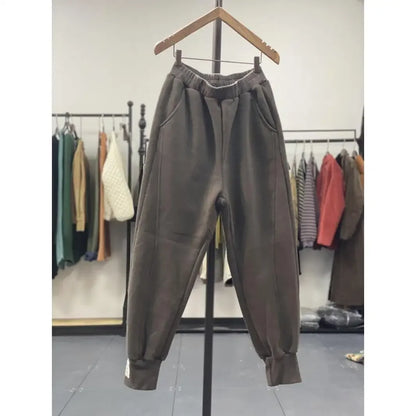 Autumn/Winter 150kg American Retro Cuffed Casual Trousers Men's Korean Slimming Patchwork Fleece-lined Harem Trousers Sweatpants