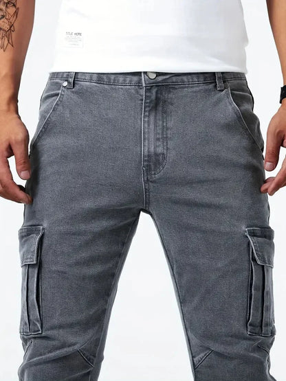 Street Elastic Jeans Men Denim Cargo Pants Wash Solid Color Multi Pockets Casual Mid Waist Trousers Slim Fit Daily Wear Joggers.